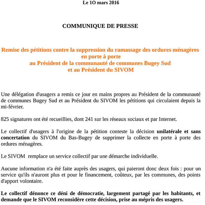 SIVOM pétitions contre la suppression du ramassage des ordures ménagères ballad et vous