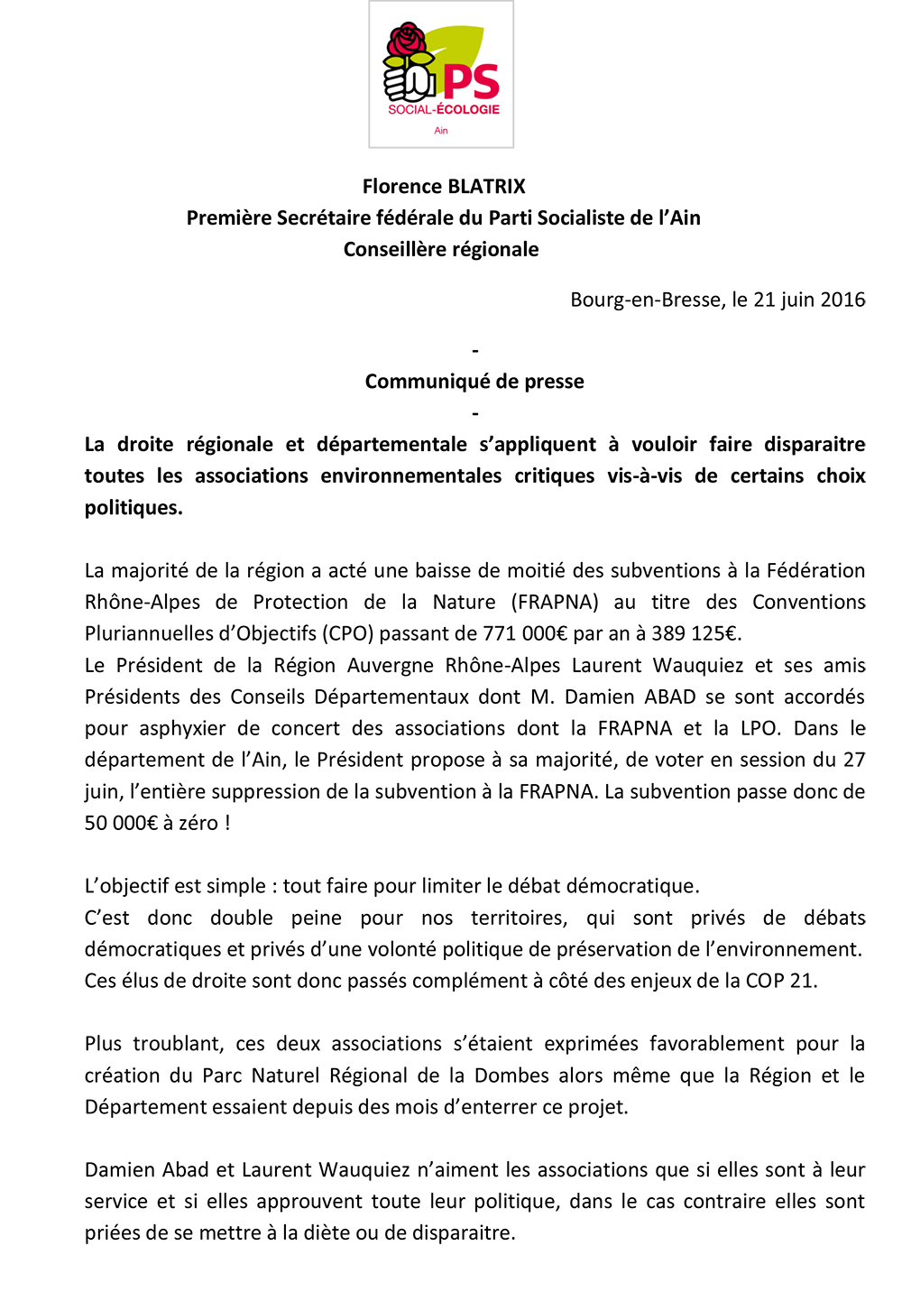CP du Parti Socialiste de l'Ain Suppression des subventions à la FRAPNA ballad et vous