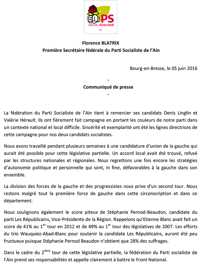 CP du Parti Socialiste de l'Ain législative circo 0103 ballad et vous