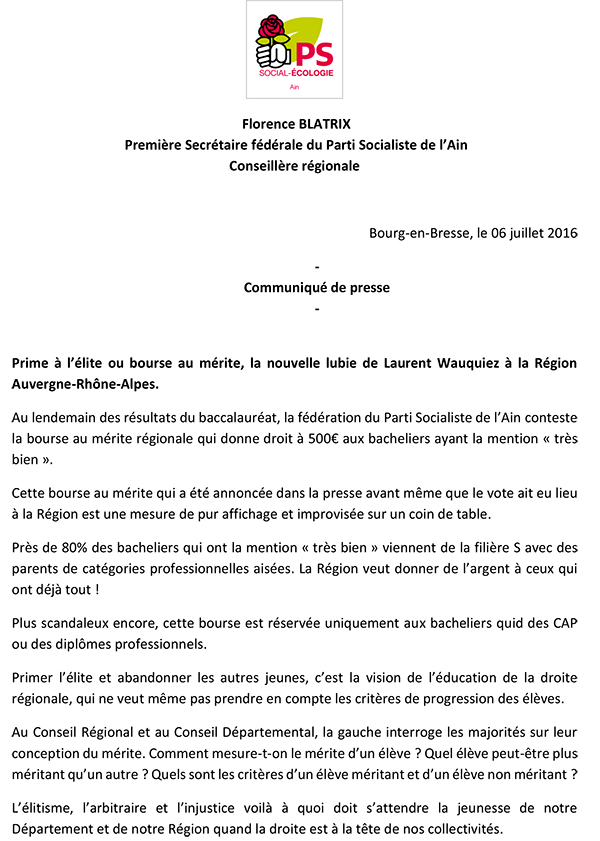 Parti Socialiste de l'Ain CP sur la bourse au mérite ballad et vous