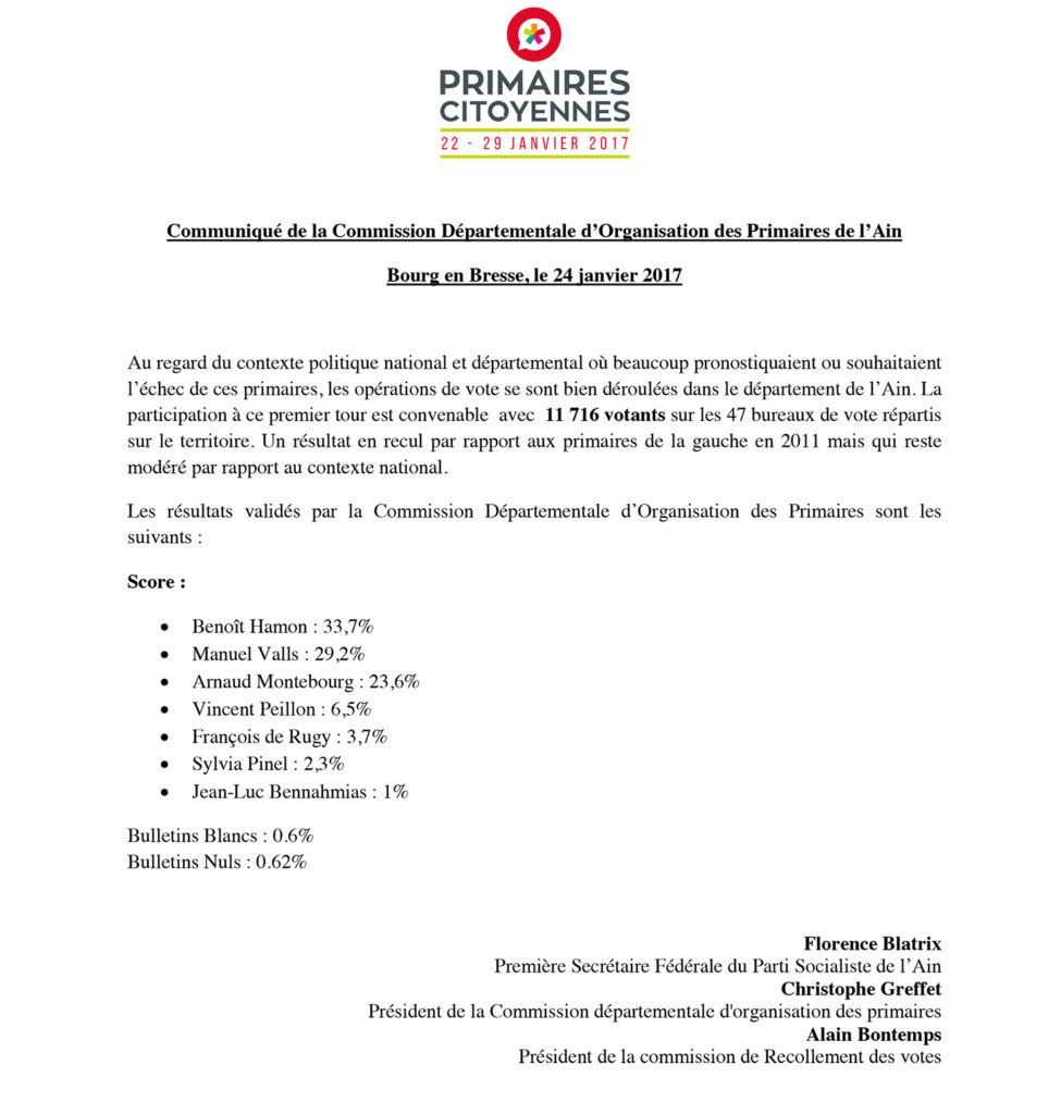 Communiqué de la CDOP 01 - résultats du 1er tour des primaires